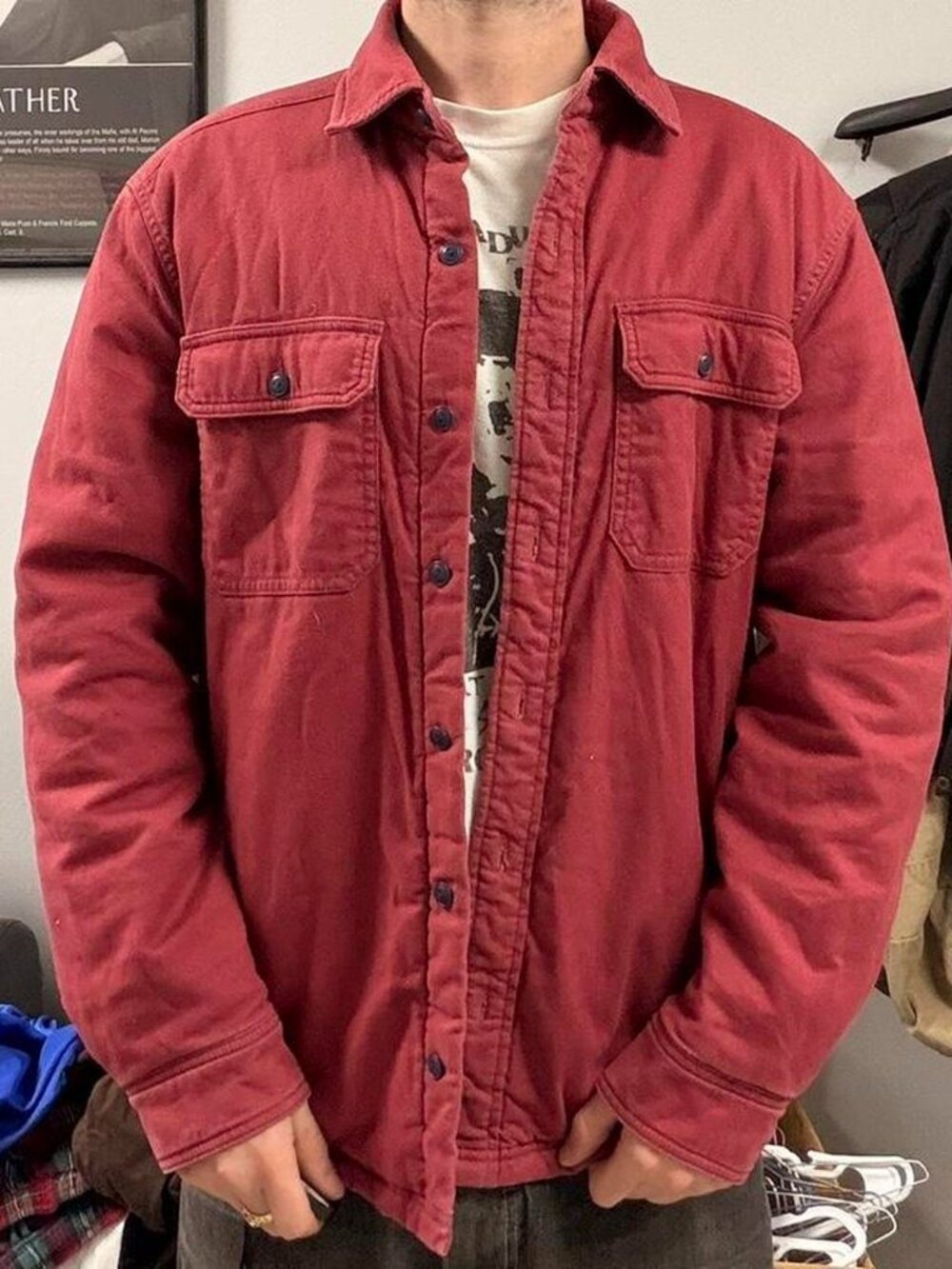 Men's Red Cotton Lined Shirt Jacket Size M, Lightweight Shacket